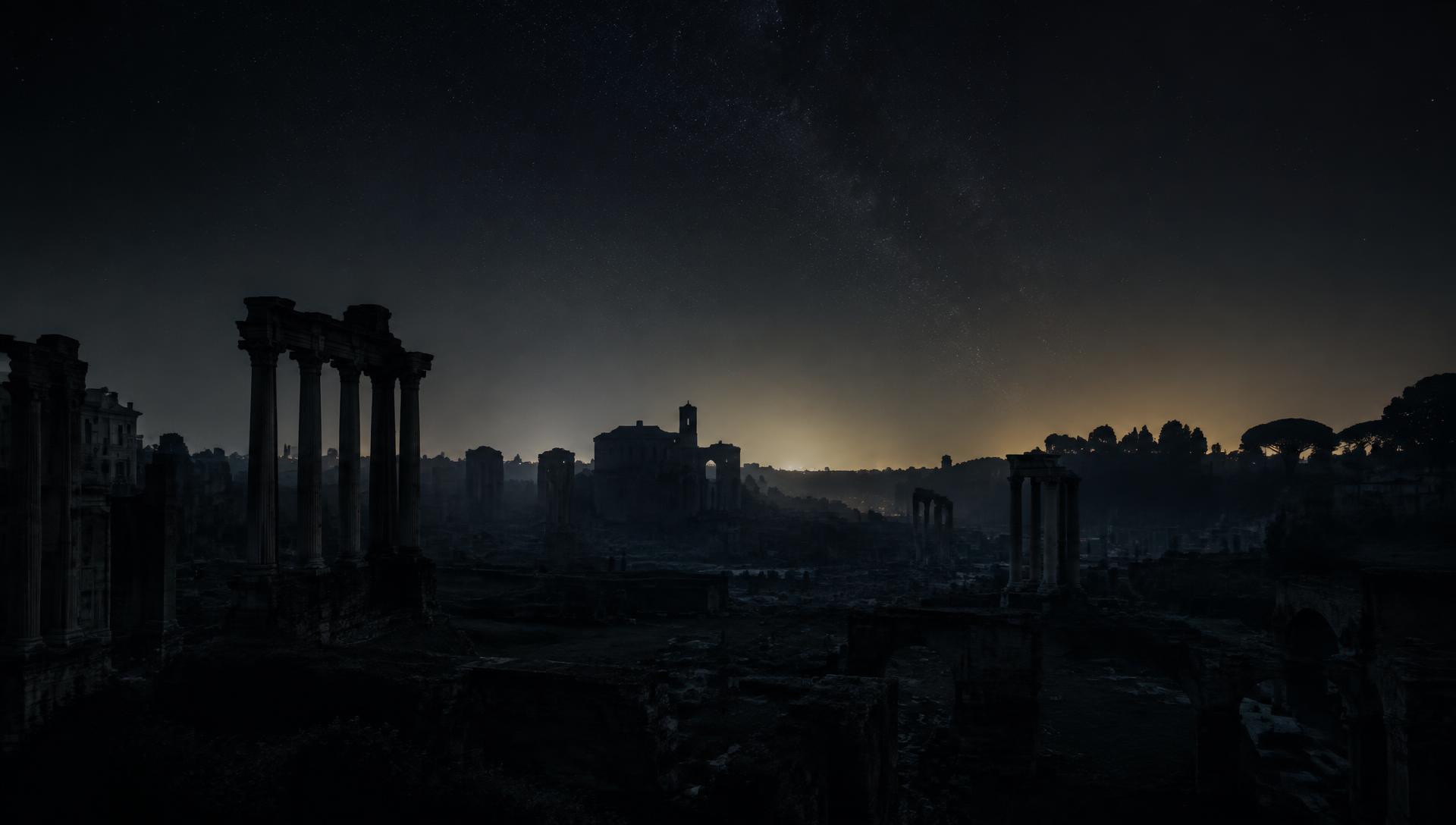 Silhouetted ancient ruins beneath a starlit night sky