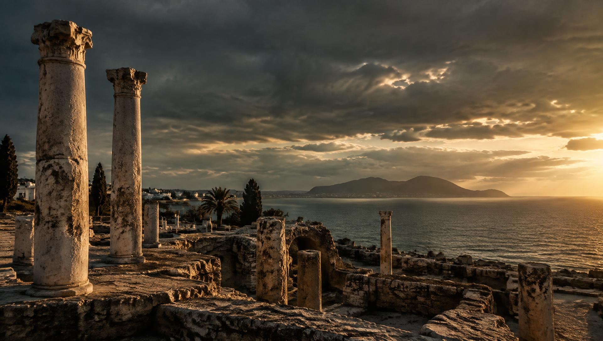 Ancient columns of Carthage above the Mediterranean at golden hour