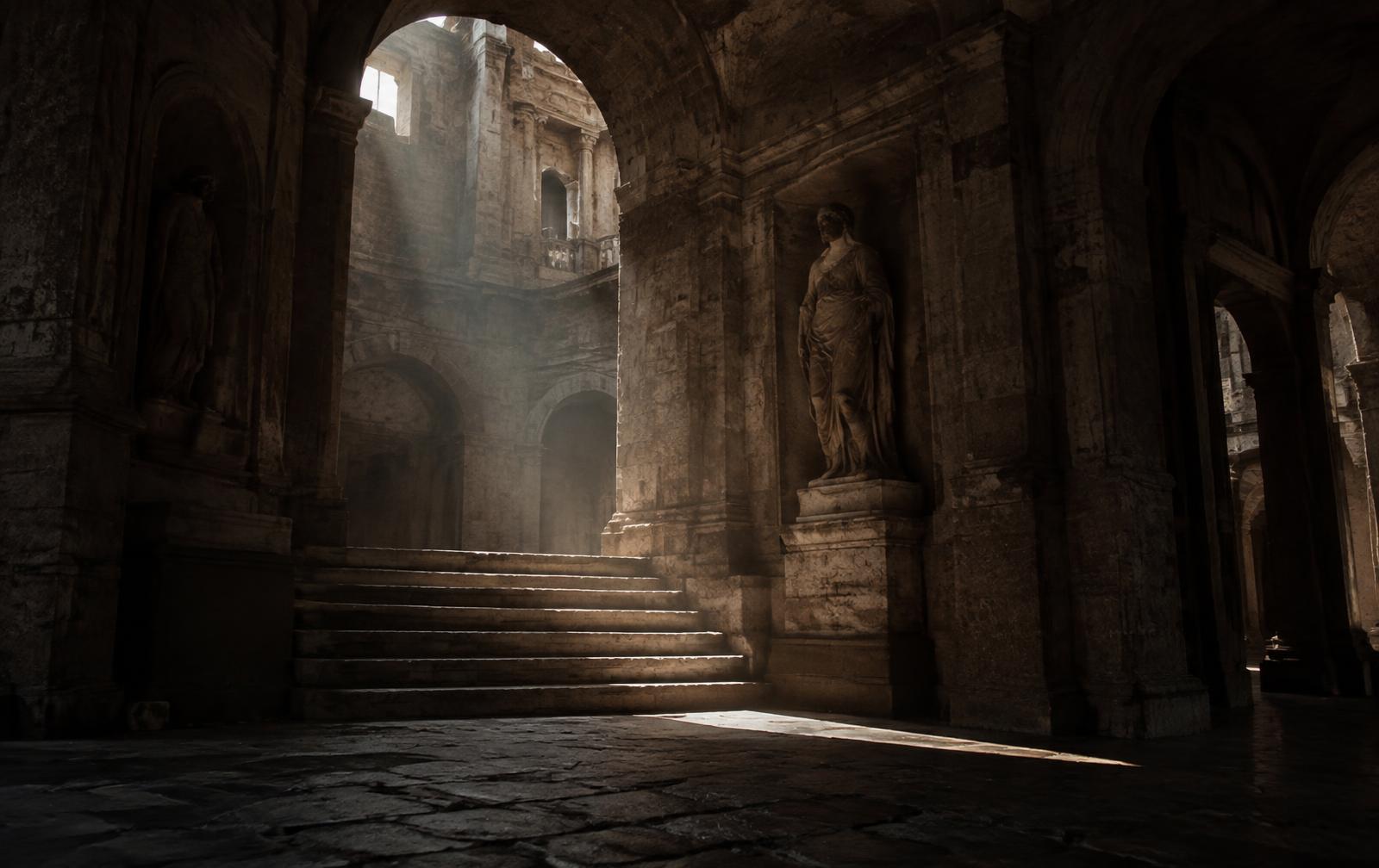 Light falling across the worn steps of an ancient stone hall